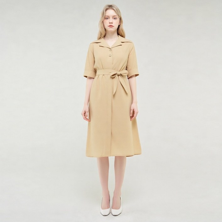 레코브 벨티드 투버튼 카라 반팔 원피스LK21C6OP008B