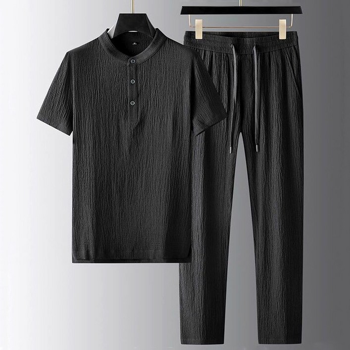 남성 여름 시원한 버튼 반팔 바지 상하세트 트레이닝복 쿨링 라운드넥 캐주얼 투피스  추리닝 일상 오피스 출퇴근 룩
