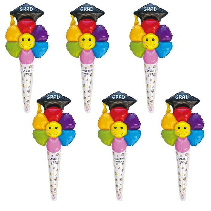 올리브파티 졸업 학사모 데이지 스틱 막대 풍선 세트, 6개, 레인보우