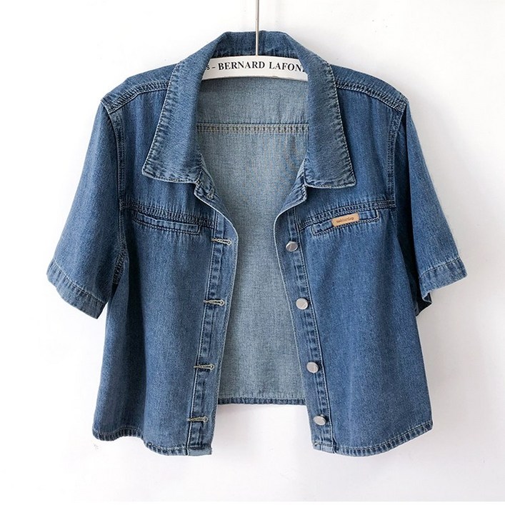 여성용 여름 캐주얼 반팔 데님 셔츠 루즈핏 숏 청자켓