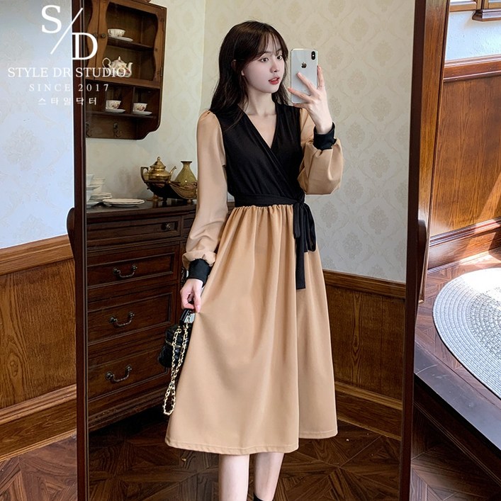 스타일닥터 여성 가을 원피스 패션 데일리룩 프랑스식 롱원피스 긴팔 빅 사이즈 원피스 브이넥 바캉스룩