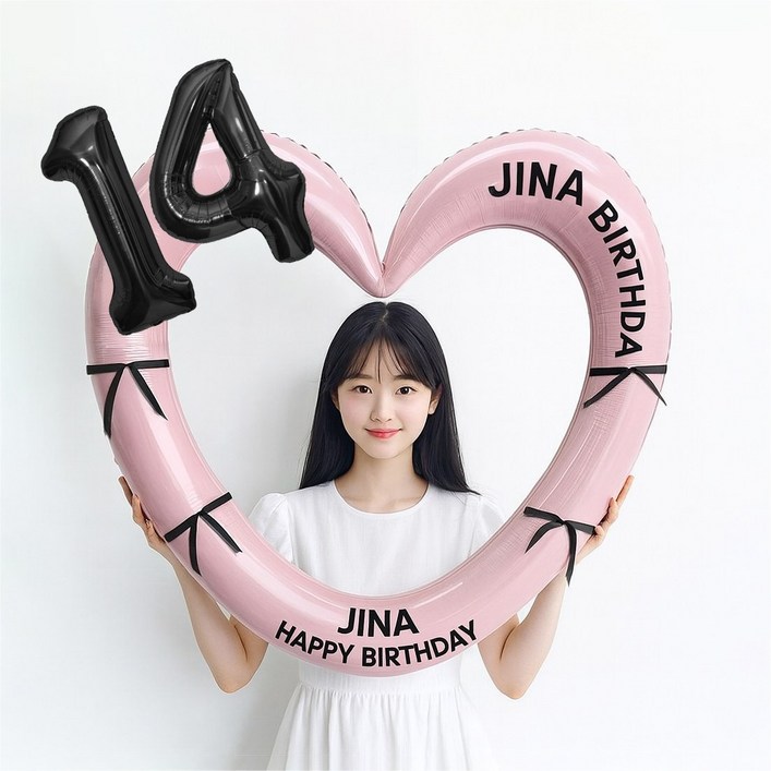 해피제이니 블랙 숫자 하트프레임 풍선 생일파티용품세트(프리레터링 시트지 포함) 포토존, 1세트, 14 핑크