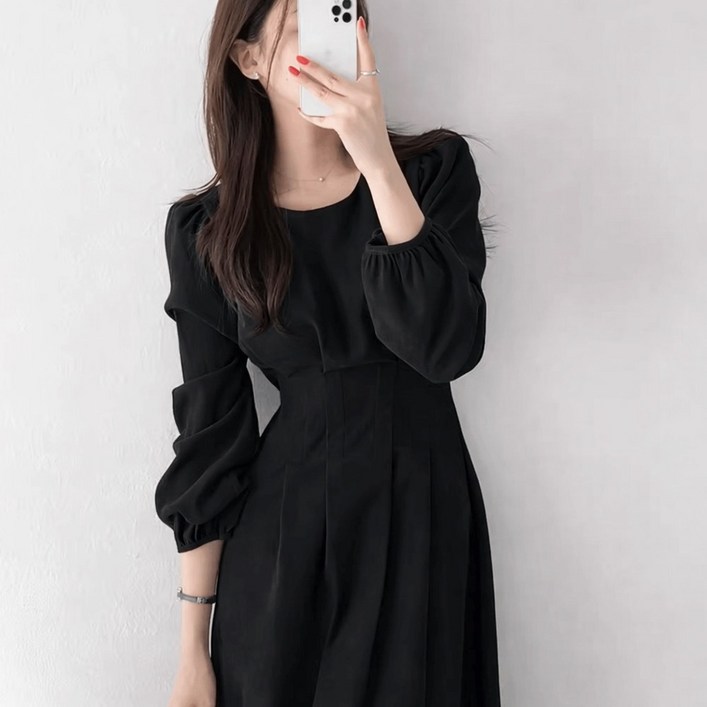 에스알비 라운드넥 퍼프 롱 원피스