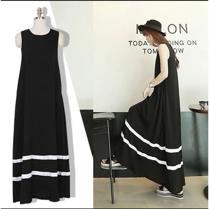 노이디제이 DJ1201 라운드 심플 배색 루즈핏 민소매 롱 원피스