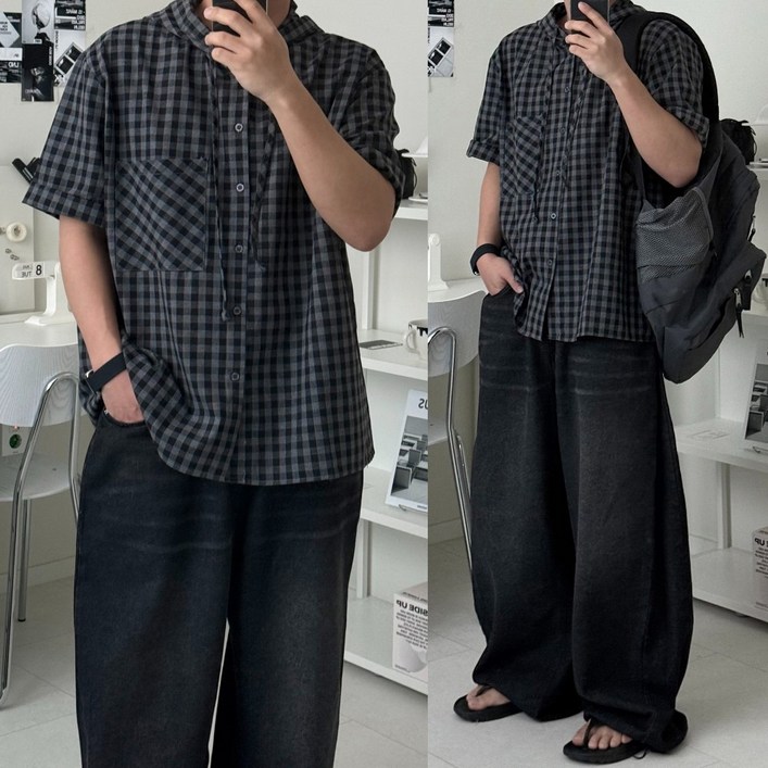 르위 남자 반팔셔츠 후드 캐주얼 와이셔츠 남방 빅사이즈 체크셔츠