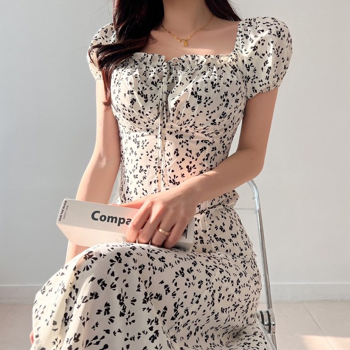 투디 투웨이 밴딩 퍼프 반팔 리본 플라워 롱원피스, 3컬러