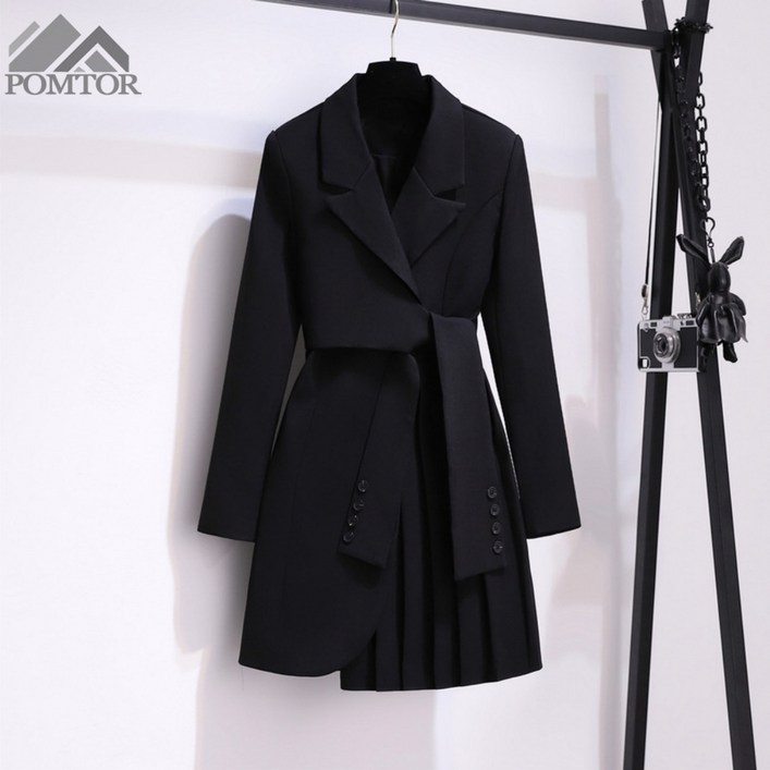 POMTOR 여성 봄가을 면접 고급 하객룩 정장 스커트 긴팔 원피스