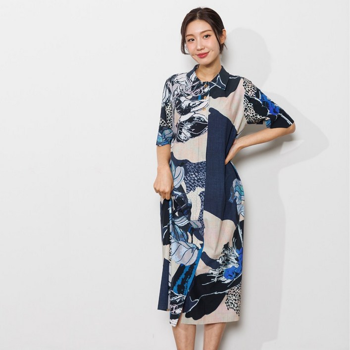 디아스토리 휴양지바캉스룩 프린트 카라 여름드레스 CHMPDF10 블루