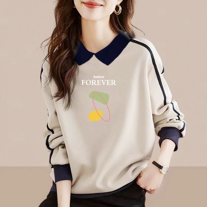 유니픽 여성 가을겨울 스포츠룩 면 소재 카라 긴팔 스웨터 심플 프린트 숄더wd