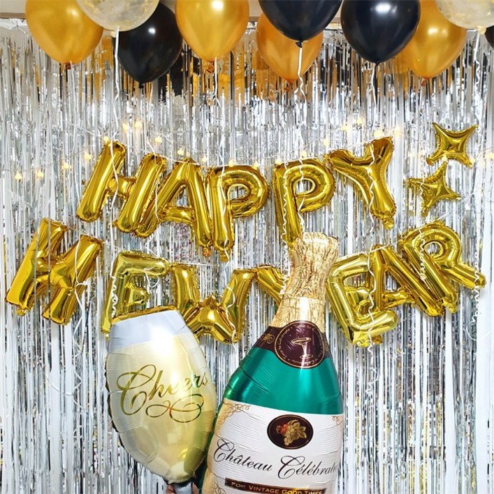 파티온 신년 연말 새해 파티 해피뉴이어 HAPPY NEW YEAR 풍선세트, 이니셜(로즈골드)+은박커튼(펄화이트)+반짝이(실버)