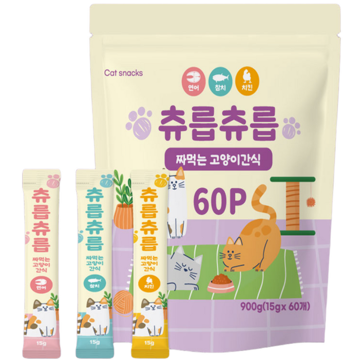 츄릅츄릅 짜먹는 츄르 고양이간식 60스틱 혼합팩 헤어볼케어, 2개, 연어치킨참치, 15g, 120개