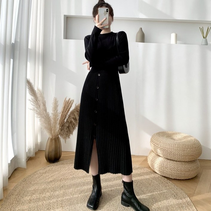 Asure  여자 베이직 무지 라운드넥 슬림 이너 골지 니트 원피스 라운드넥 밑단 트임 롱 스커트