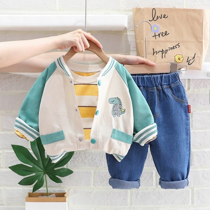 뽀뽀뽀 아동복 유아 공룡자켓 3종세트 자켓긴팔티청바지 남아 키즈 아동 아기 봄 가을 외투 옷