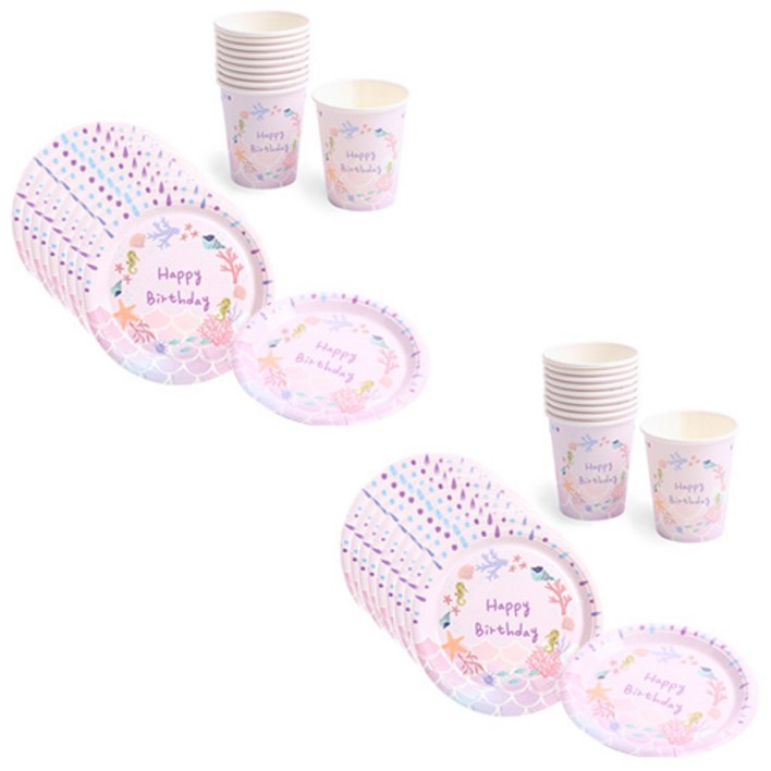 파티해 생일 파티접시 18cm 20p  파티컵 20p 세트 인어공주