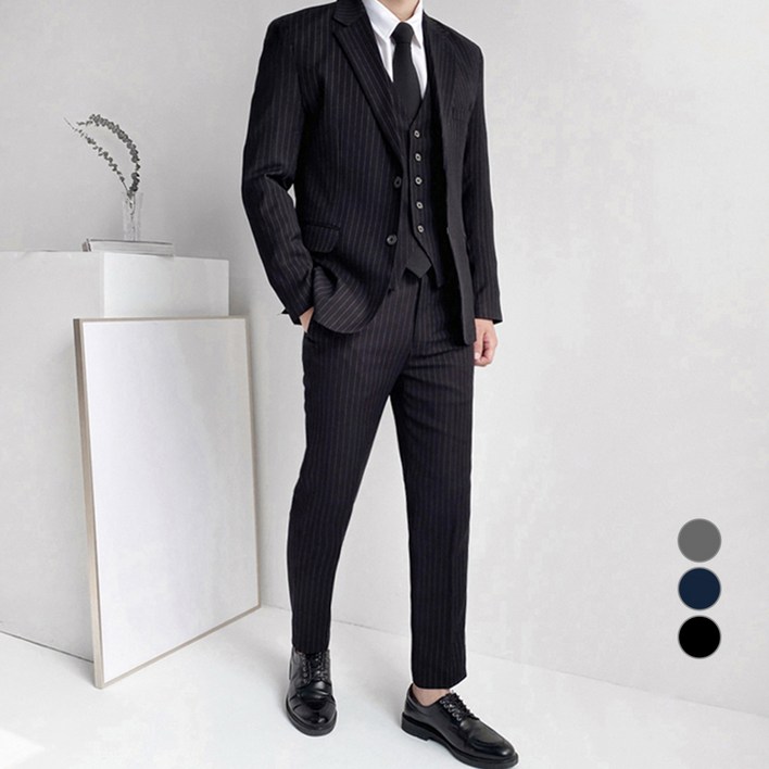 머시따 남성용 글로벌 스트라이프 자켓  조끼  팬츠 정장 세트