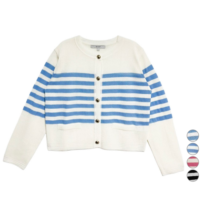 온앤온 여성용 스트라이프 라운드넥 니트 가디건