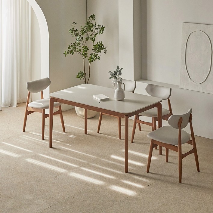 파로마 리샤르B 통세라믹 원목식탁  의자세트 4인 방문설치, 베이지상판  월넛원목, 일반의자 4