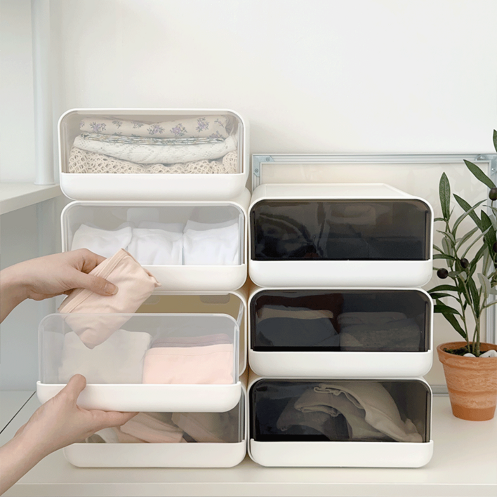 데미무드 이클립 적층식 칸칸이 서랍형 속옷정리함 1칸, 반투명 블랙, 1개