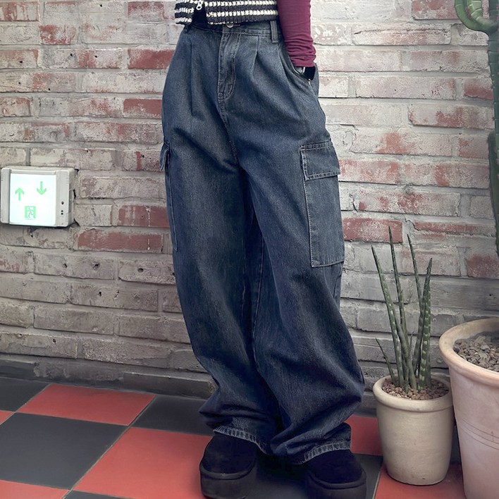 인비비드 여성용 스트릿 플로우 카고 와이드 워싱 데님 팬츠 G03K6ij5464 롱