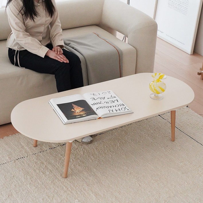 레몬트리 국내제조 E0 LPM 우드 접이식 타원형 900 테이블, 바닐라 베이지