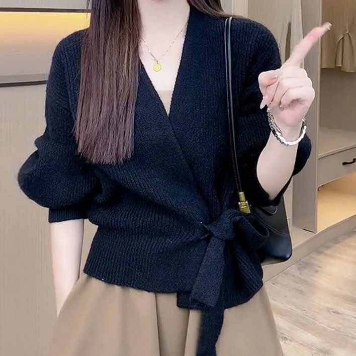 라라티나 여성용 제시카 브이넥 벌룬 데이트 하객룩 허리끈 가디건