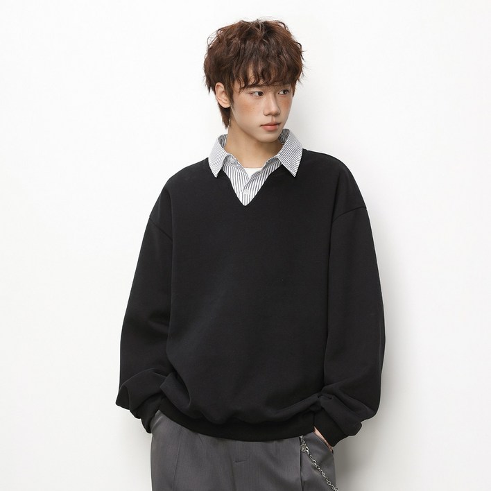 벨로시티 남녀공용 페이크 카라 레이어드 오버핏 맨투맨