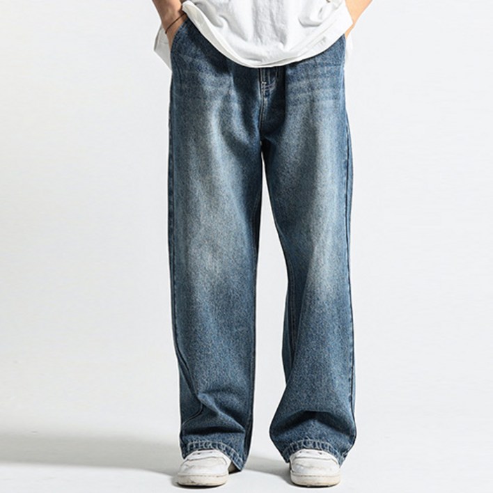 빅사이즈클럽 남성용 원턱 밴딩 와이드 데님 팬츠