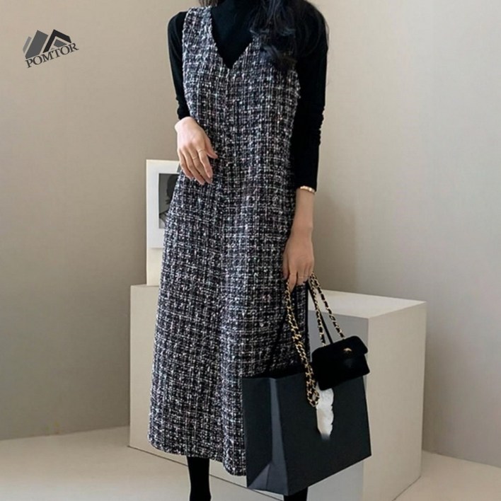 POMTOR 여성 트위드 민소매 롱 원피스  여성 겨울 데일리 원피스