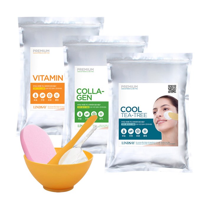 린제이 모델링팩 에스테틱 피부관리샵용 1kg, 쿨티트리+팩도구 3종세트+해면, 1세트