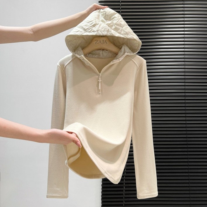 ZAJA 여성 이너 티셔츠 후드티셔츠 루즈핏 긴팔 기모티셔츠