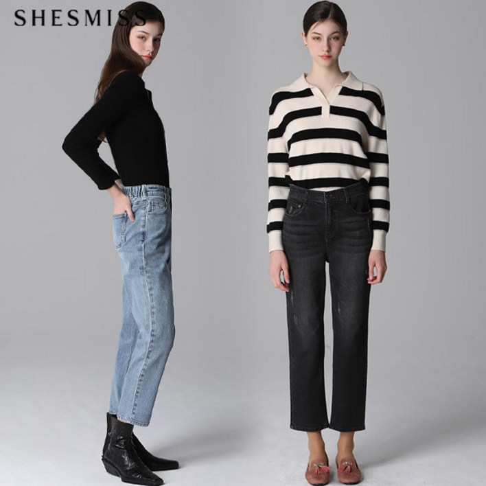 [쉬즈미스(SHESMISS)] 데미지 워싱 밴딩 데님 팬츠