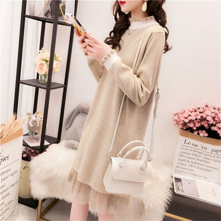 TKX 여성용 가을 겨울 캐주얼 니트 원피스 귀여운 프릴 장식 레이스 밑단 귀여운 데일리룩 K53