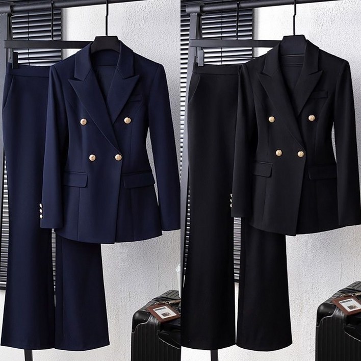 ROYALBELLE 여성 수트 세트 허리라인 슬림핏 긴팔 정장 자켓  와이드 팬츠 오피스 비즈니스 투피스 D01012813