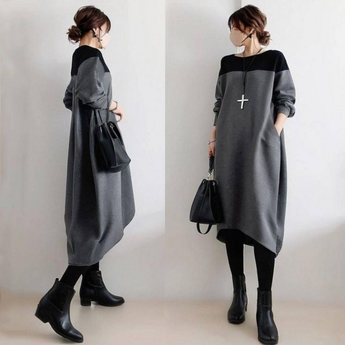 여성 봄 가을 데일리룩 긴팔 원피스 빅사이즈 루즈핏 롱 원피스