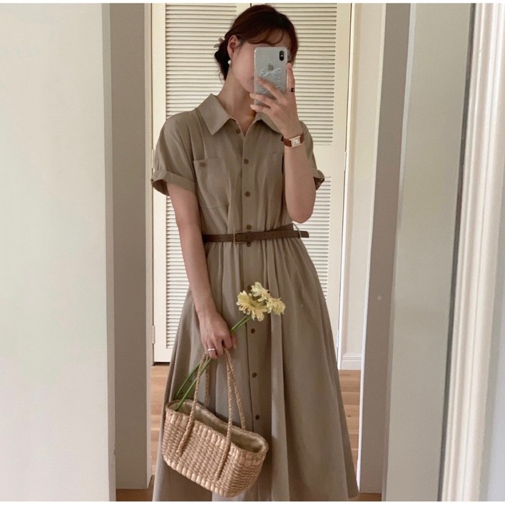 루어스룸 헤이즐 여름 코튼 벨트세트 버튼 플레어 A라인 빅사이즈 여성 a라인 반팔 66 77 88 임산부 하객룩 셔츠 롱 원피스2color 돌잔치룩