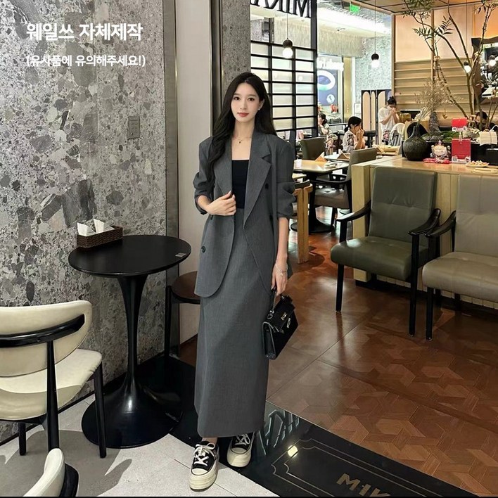 웨일쓰 여성 오버핏 정장 자켓 치마세트 루즈핏 하객룩 출근룩 롱스커트 면접 캐주얼 트렌치 셋업 수트 투피스