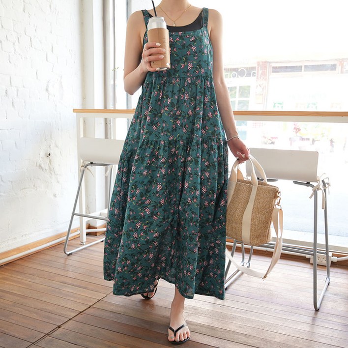 데일리앤 여름 바캉스룩 플라워 배색 나염 뷔스티에 롱 원피스 모음