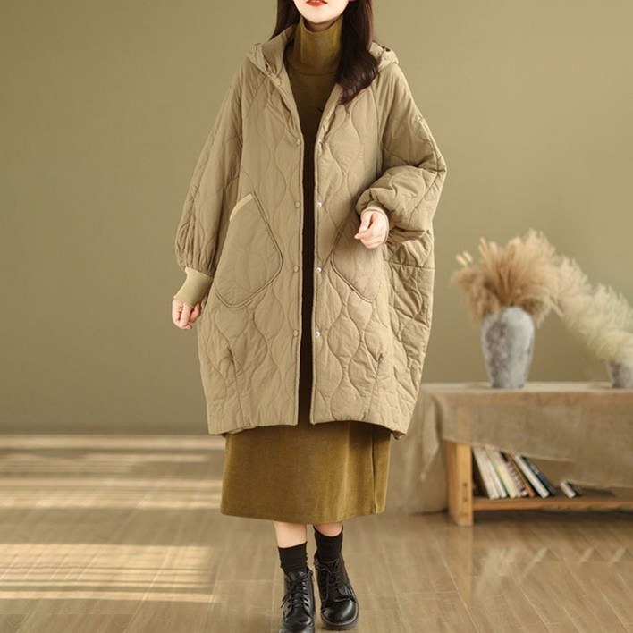 ORZQU 가을 겨울 여성 도톰하고 따뜻한 하프 후드 패딩 야상 점퍼