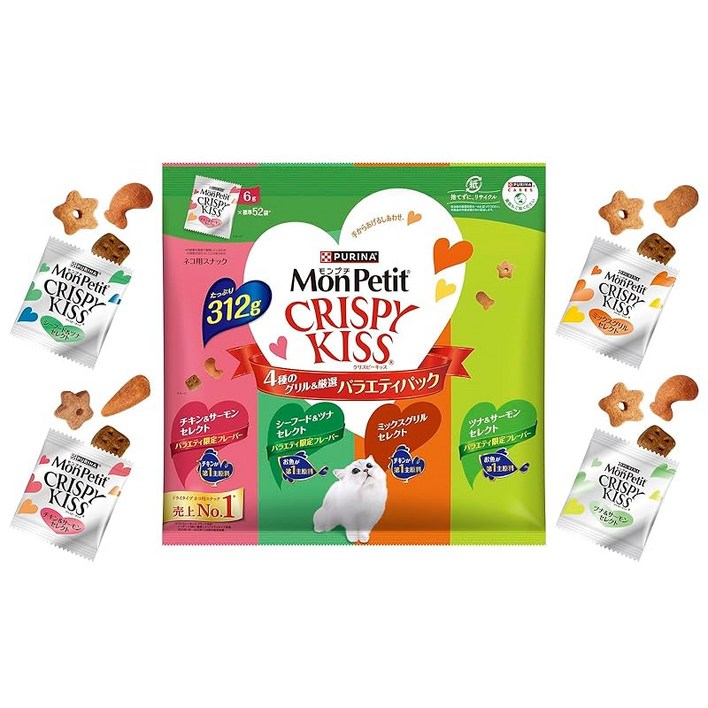 몽푸치 크리스피 키스 고양이 음식 간식 버라이어티 팩 4종의 그릴엄선 312g