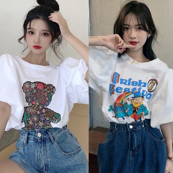 2장 세트 반팔 벌룬 소매 티셔츠 퍼프소매T