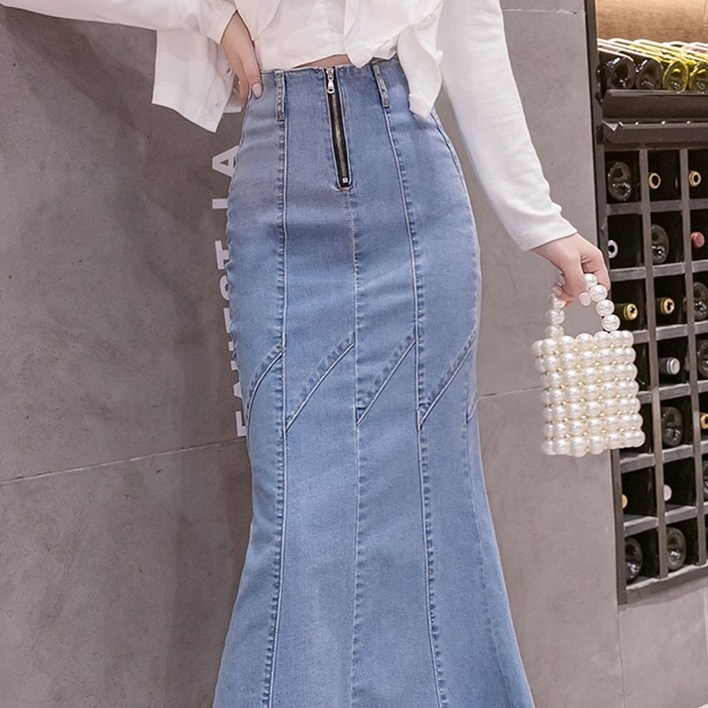F006548머메이드 절개라인 청치마 데님롱스커트