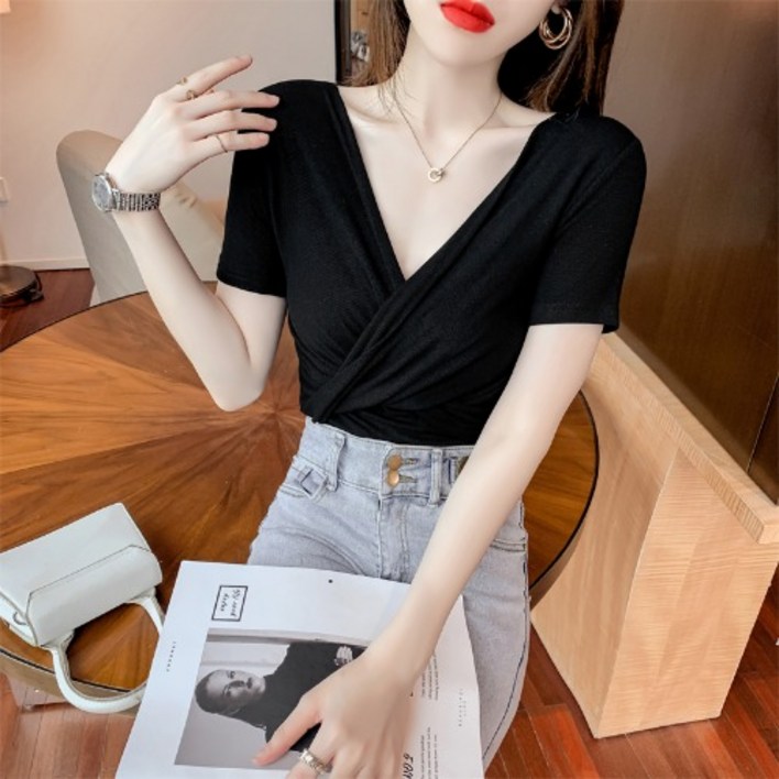 Ogfaour 여름 여성 슬림 브이넥 셔링 반팔 티셔츠
