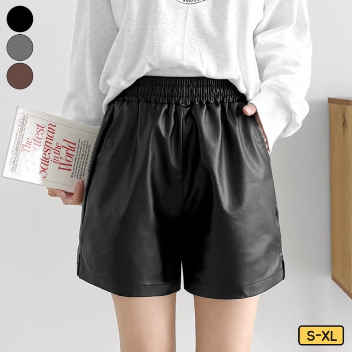 가비진 여성용 쫀쫀 허리 밴딩 레더 옆트임 포인트 반바지 가죽 숏팬츠 바지 빅사이즈까지