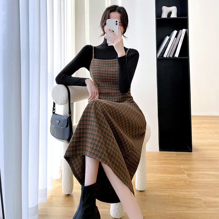 뷔스티에원피스  모직 롱 가을 겨울  체크