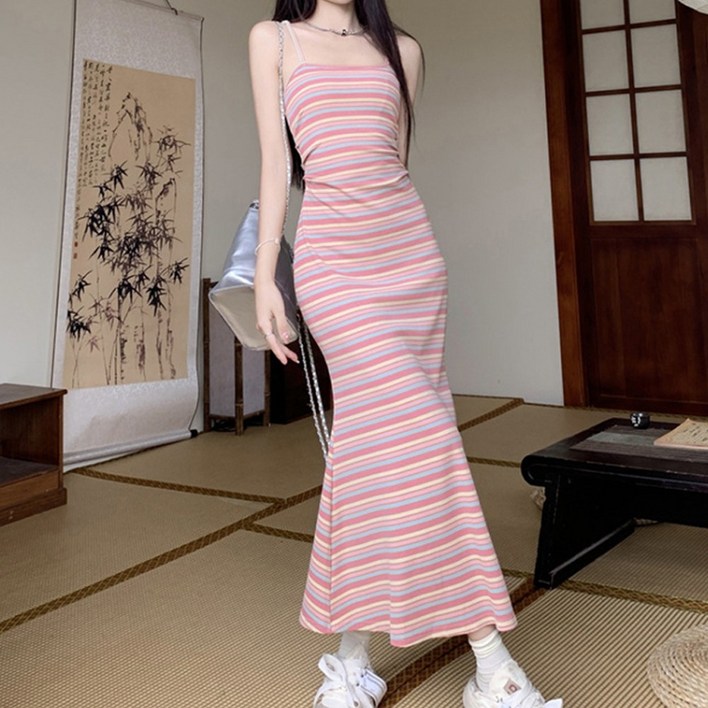 cammello 핑키 스트라이프 끈나시 미니 롱 원피스 기장선택 빅사이즈 드레스