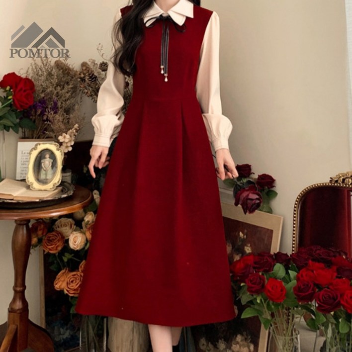 POMTOR 여성 셔츠 카라 원피스 데일리 통기성 정장 롱 우아한 원피스