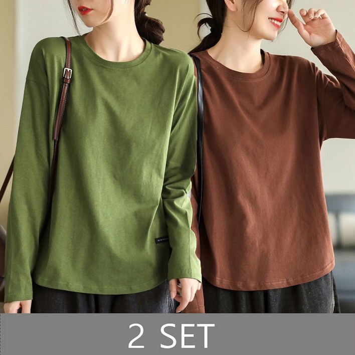 ROYALBELLE 2장묶음 여성 순면 긴팔 빅사이즈 베이직 심플 루즈핏 캐주얼 티셔츠 K031403