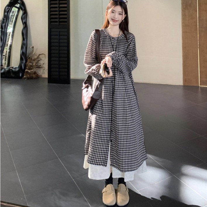 SAHINER 여성 체크 롱원피스 루즈핏 봄가을 데일리룩 AQZ42