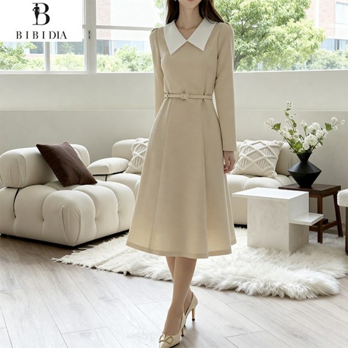 비비디아 여성 봄가을 벨트 플레어 배색 화이트 카라 하객룩 오피스룩 원피스 데일리룩(벨트포함)5575