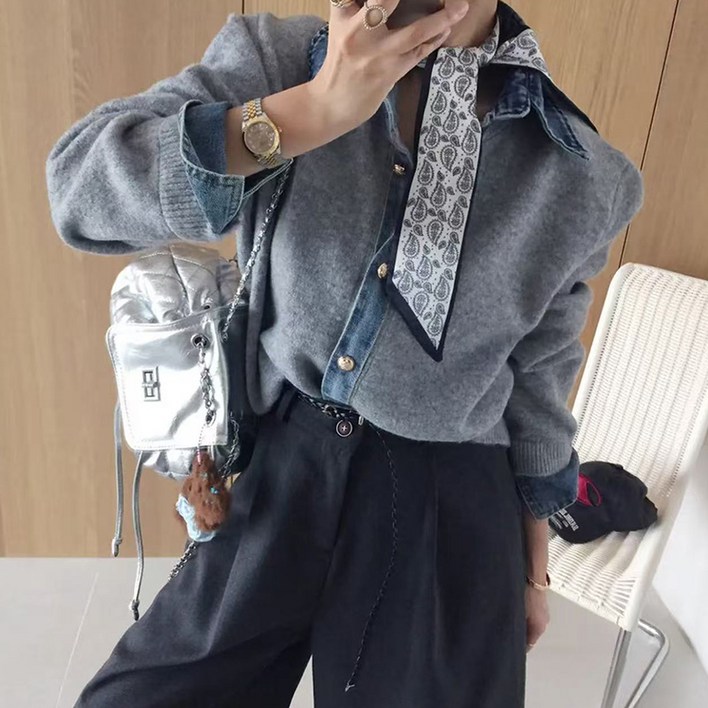 KDNC 여성 니트 스웨터 데님 배색 가디건 루즈핏 두꺼운 페이크 레이어드 니트